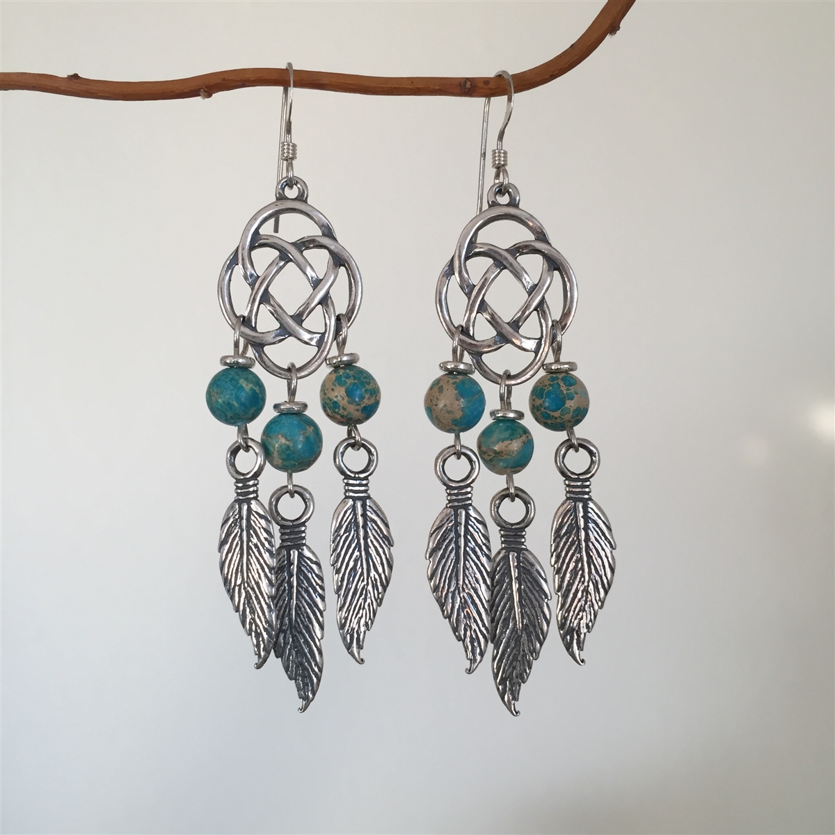 Vintage Dreamcatcher Earrings Sterling Silver Feather Turquoise BeadRage