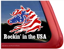 Rockin in the USA flag Rocky Mountain Horse Trailer Car Truck RV Window Decal Sticker