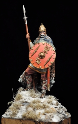 DAM-43 Frankish Warrior V-VI century A.D., 75mm full figure, 17 white metal pieces, sculpted by Richard Galicek, box art by Alexandre Cortina Bonastre