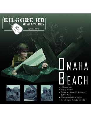 Kilgore HD Miniatures Omaha Beach 1/10 resin bust, 2 Rifle Options (with or without cover), Concept art by Fran Perez, 3D sculpting by Roberta Fontana, Box art by Maria Galvan Cobo