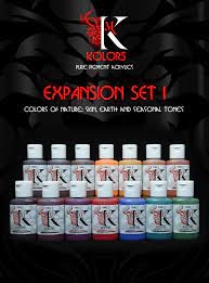 KK-SET-1, Kimera Colors Expansion Set 1, 14x 30ml paint bottles, 24-page booklet with mixing charts, references and skin tone tutorial