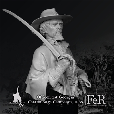MHB00043 Officer, 1st Georgia Chattanooga Campaign, 1863, 1/12 Scale Bust, Material is Resin, Number of parts of the kit 6, Sculpture by Pedro Fernandez, Box art painting by Fernando Ruiz