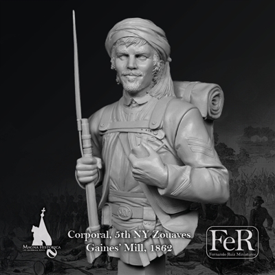MHB00044 Corporal, 5th NY Zouaves Gainesâ€™ Mill, 1862, 1/12Scale Bust, Material is Resin, Number of parts of the kit: 5, Sculpture by Pedro Fernandez, Box art painting by Fernando Ruiz