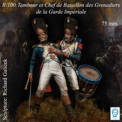 R-100 Tambour et Chef de Bataillon des Grenadiers, Two 75mm full figures, 26 white metal pieces, sculpted by Richard Galicek, box art by Alexandre Cortina Bonastre