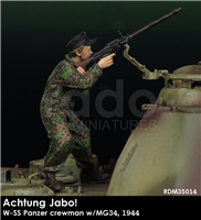 RADO MIniatures, Waffen SS Panzer Crewman Firing MG34, 1944, Achtung Jabo! series, 1/35 scale resin figure.