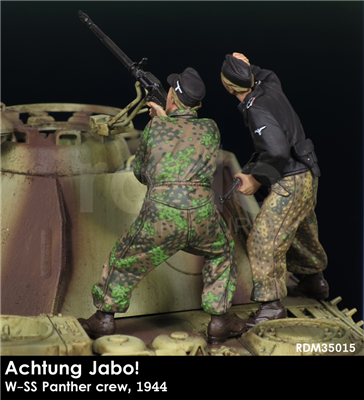 RADO MIniatures, Waffen SS Panzer Crewman 2 Figure Set, 1944, Achtung Jabo! series, 1/35 scale resin figure.