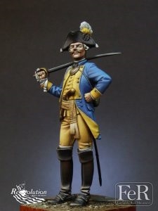 REV00013 Brunswick Dragoon Cavalry Officer, Saratoga, 1777, 75mm full figure, 10 resin pieces, sculpted by Oreiol Quin, box are by Javier Montero