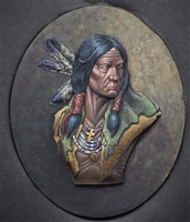 Native American portrait flat in approximately 1/10 scale. Approximately 3 1/2 inches in height and 2 3/4 inches wide. The plate is 1/8 inch thick with the relief being 1/8 inch off the plate