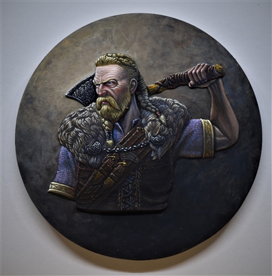 Viking flat/bas relief.  The figure is approximately 1/12 scale.  It is just under 1/8 inch thick and sits on a round plat that is 3 1/2 inches in diameter and 1/8 inch thick.