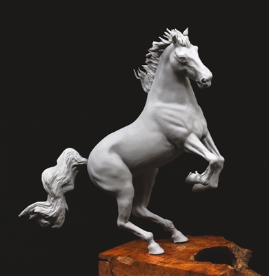 Resin printed horse in a rearing pose looking to the right. 75mm.  The kit is comprised of a body and separate tail.
