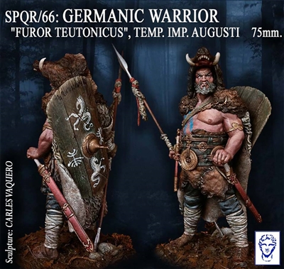 SPQR-66 Germanic Warrior 9 A.D., 75mm white metal full figure, sculpted by Carles Vaquero, box art by Alexandre Cortina Bonastre