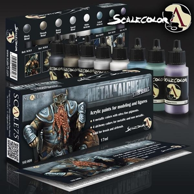 Scale 75 Metal N' Alchemy Steel Acrylic Paint Set, 8 bottles of metallic colors for painting various steel tones