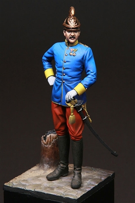 V75001-Austro-Hungarian Army Dragoon Officer WWI, 75mm resin figure, Designed by Sandor Harsanyl, Box art by Laszlo Gyorgy