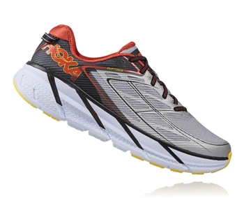 Mens Hoka CLIFTON 3 Road Running Shoes - Grey / Orange Flash