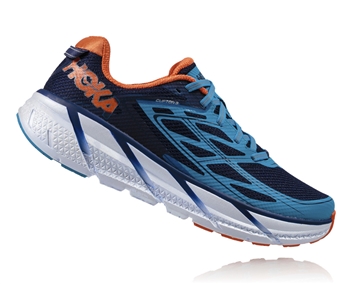 Mens Hoka CLIFTON 3 Road Running Shoes - Medieval Blue / Red Orange