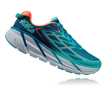 Womens Hoka CLIFTON 3 Road Running Shoes - Blue Jewel / Neon Coral