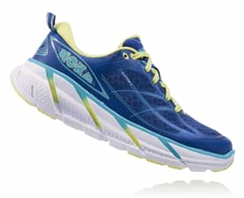 Womens Hoka CLIFTON 2 Road Running Shoes - True Blue / Sunny Lime