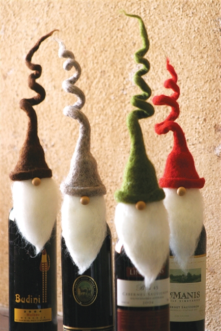 FELT SANTA WINE TOPPERS WITH CURLY HATS: Set of 4