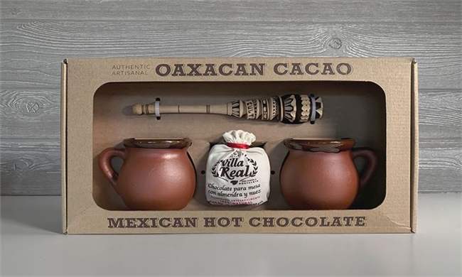 Oaxacan Hot Chocolate Set (2 Ceramic mugs, small Molinillo, Small Almond Chocolate)