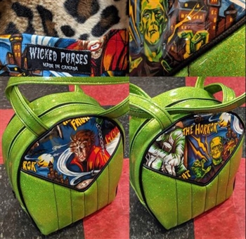 WICKED PURSES Round Purse  Classic Monsters Print on Green Metalflake  [GREEN/MULTI]