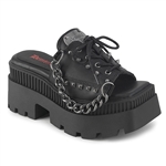Demonia WRATH-03 Chunky Square-Toed Platform Slide Sandal w/Lacing Centre Detail , Pyramid Studs, Branded Metal Plate, and Outer Chain [BLACK]