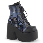 Demonia CAMEL-203-PT: Moonlit Cathedral 5 inch Chunky Heel Platform Boots; Lace-up with back zipper; Skull and Pentacle Charm Details  [BLACK/BLUE]