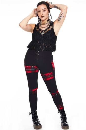 Jawbreaker Patchy Tartan Knit Leggings with Front Zipper - Black