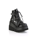 Demonia SHAKER-66 Lace-Up Wedge Platform Double Bat Buckled Straps w/Horseshoe Ring Ornament and Removable Fang & Bat Charms [BLACK]