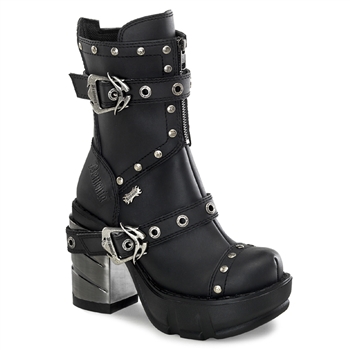 Demonia SIN201 Moulded Platform Multi-Strap Studded Ankle Boot with Chromed Heel
