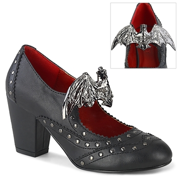 Demonia VIVIKA-32: 3" Block Heel Round Toe Wingtip Maryjane [Black with Metal Bat Detail]