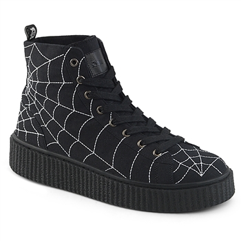 Demonia SNEEKER-250  Lace-Up Front High Top Creeper Sneaker Spider Web Design Unisex [Black/White Stitching]
