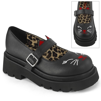 Demonia RENEGADE-56 2 1/2" Tiered Platform Maryjane Featuring Embroidered Cat Face on Toe and Ears on Strap [BLACK]