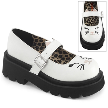 Demonia RENEGADE-56 2 1/2" Tiered Platform Maryjane Featuring Embroidered Cat Face on Toe and Ears on Strap [WHITE]