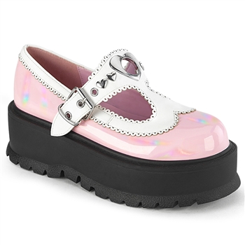 Demonia 2" (51mm) Platform Heart Studded T-Stap Maryjane Featurning Oversize Center Heart Eyelet & Scallop Edge Details [PINK HOLOGRAM]