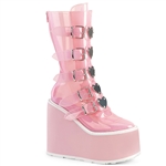 Demonia SWING-230C  Platform Mid-Calf Boot Featuring 5 Buckle Straps w/ Heart Shaped Metal Plates at Center, Back Metal Zip Closure [BABY PINK]