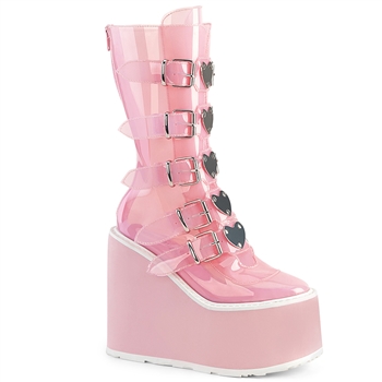 Demonia SWING-230C  Platform Mid-Calf Boot Featuring 5 Buckle Straps w/ Heart Shaped Metal Plates at Center, Back Metal Zip Closure [BABY PINK]