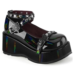 Demonia CUBBY-25 Platform Wrap Around Ankle Strap with Heart Spiderweb Buckle Strap w/ Heart Studded Straps [BLACK HOLOGRAM]