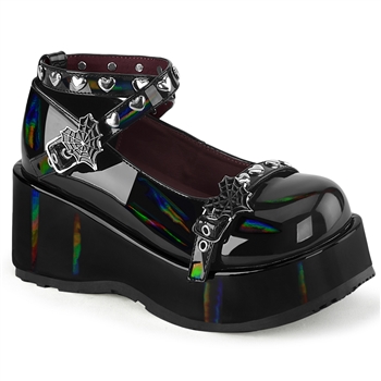 Demonia CUBBY-25 Platform Wrap Around Ankle Strap with Heart Spiderweb Buckle Strap w/ Heart Studded Straps [BLACK HOLOGRAM]