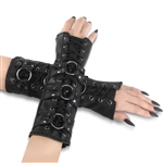 DEMONIA Corset-Laced O-Ring Stretch Faux Leather Arm Warmer (PAIR) [BLACK]