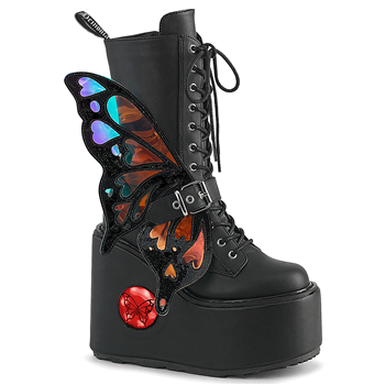 Demonia BLAZE-158 Lace-Up Wedge Platform with Iridescent Butterfly Wing Details and USB-Chargeable LED Light-Up Butterfly in Heel [BLACK/MULTI]