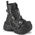 Demonia ECHO-60 Flared Platform Lace-Up Ankle Boot Embellished w/Skulls, Shields, Studs, Chains & Hanging Charms  Hardware Details [BLACK]