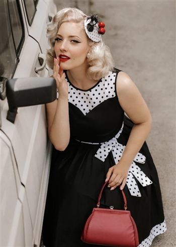 DOLLY and DOTTY Venus Van Chic Elizabeth Jacquard Evening/Swing Dress [BLACK w/Black & White Polka Dots]