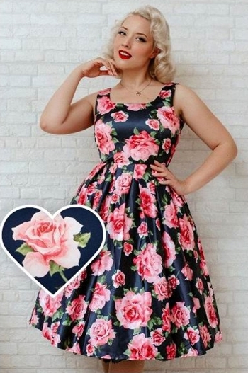 Dolly and Dotty Amanda  Retro Swing Dress Blue with Pink Roses [BLUE/PINK]