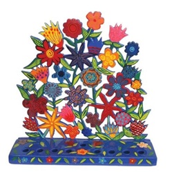 Painted Metal Lazer Cut Menorah - Flowers