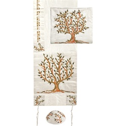 Embroidered Raw Silk Tallit - Tree of Life Brown