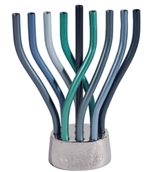 Rotating Menorah in Blues with Hammered Base by Emanuel