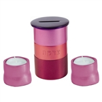 Anodized Tealight Candlesticks and Matching Tzedakah Box - Pink