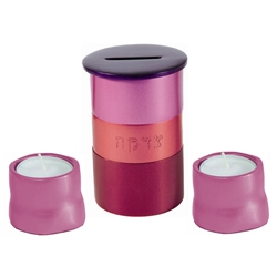 Anodized Tealight Candlesticks and Matching Tzedakah Box - Pink