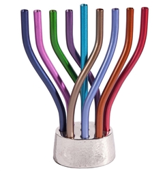 Colorful Rotating Menorah with Hammered Base by Emanuel