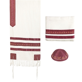 Yair Emanuel Embroidered Tallit - Maroon Stripe